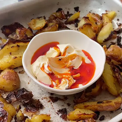 Smashed Potatoes & Chilli Vinegar Creme Fraiche